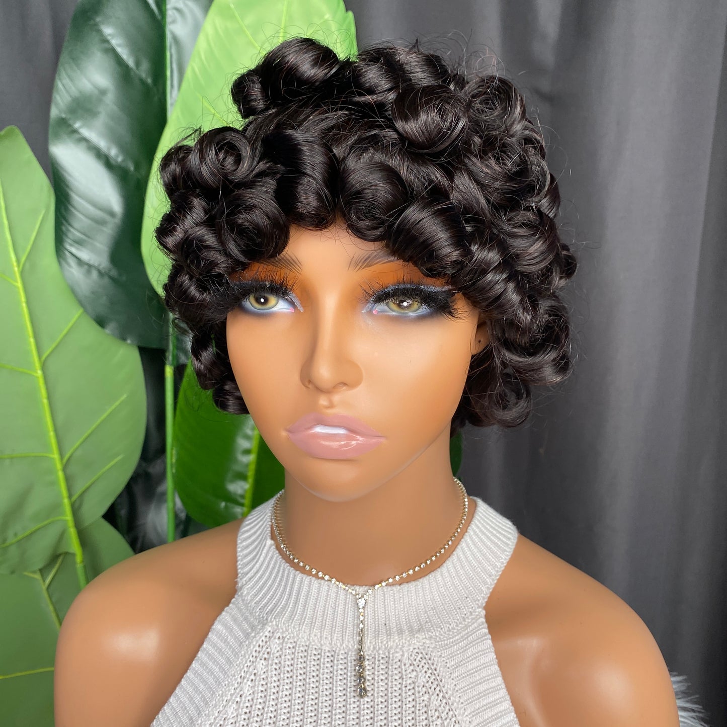 100% Remy Human HairNatural Black Pixie Curly Bang Wig 10 Inch