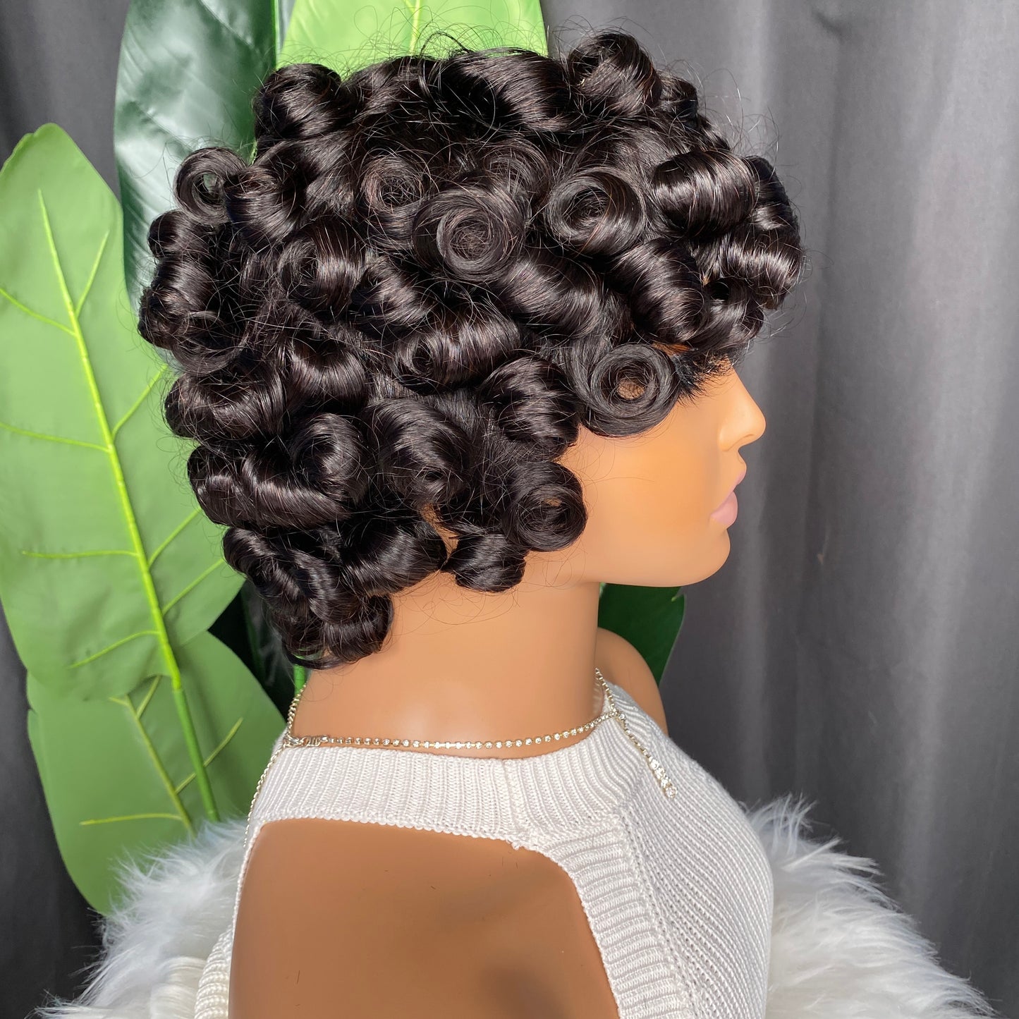 100% Remy Human HairNatural Black Pixie Curly Bang Wig 10 Inch