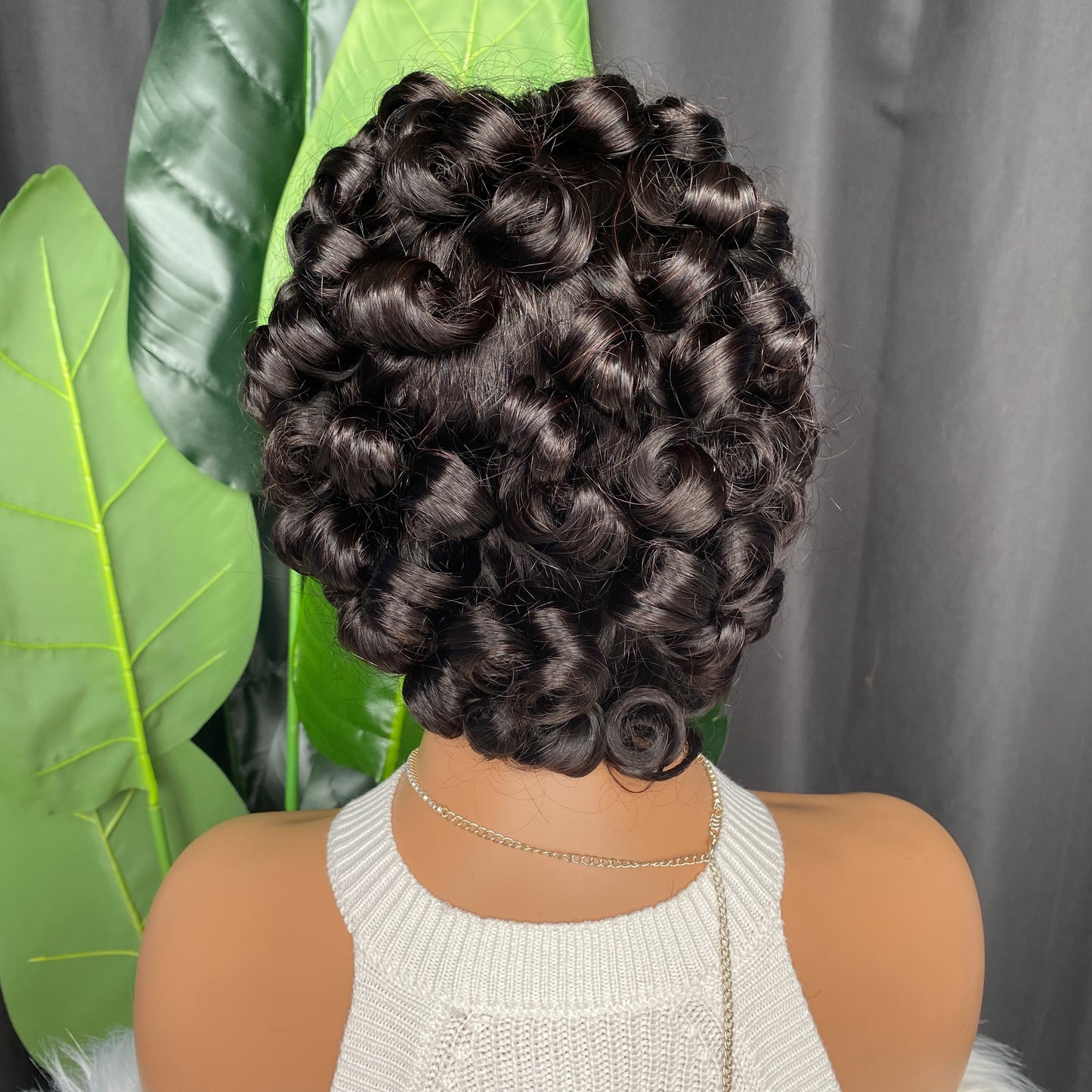 100% Remy Human HairNatural Black Pixie Curly Bang Wig 10 Inch