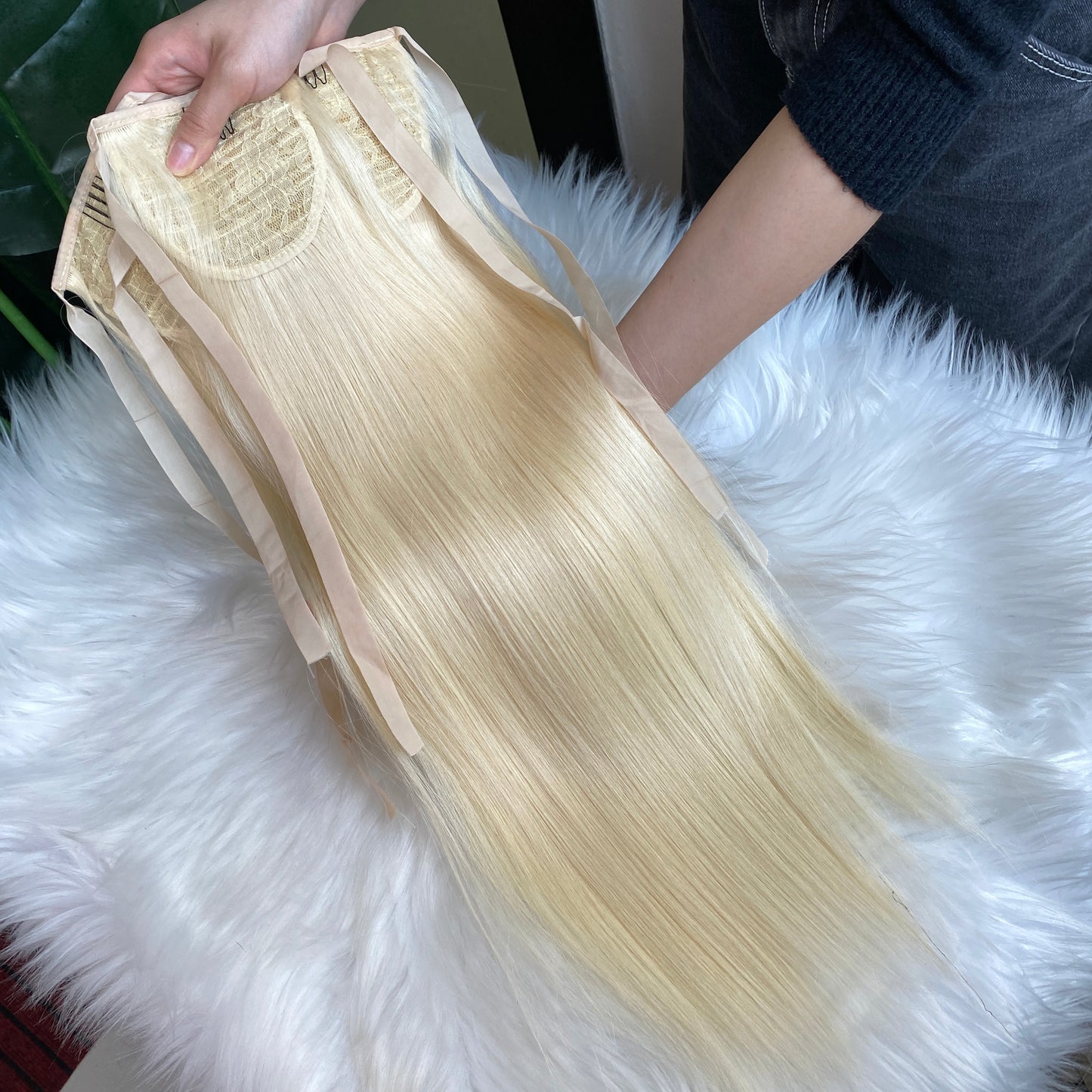 100% Raw Human Hair 613 Blond straight ponytail Hair Extension 100g