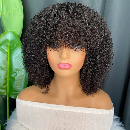 Remy Human Hair Kinky Curly Regular Bang Bob Wig 8-26 Inch