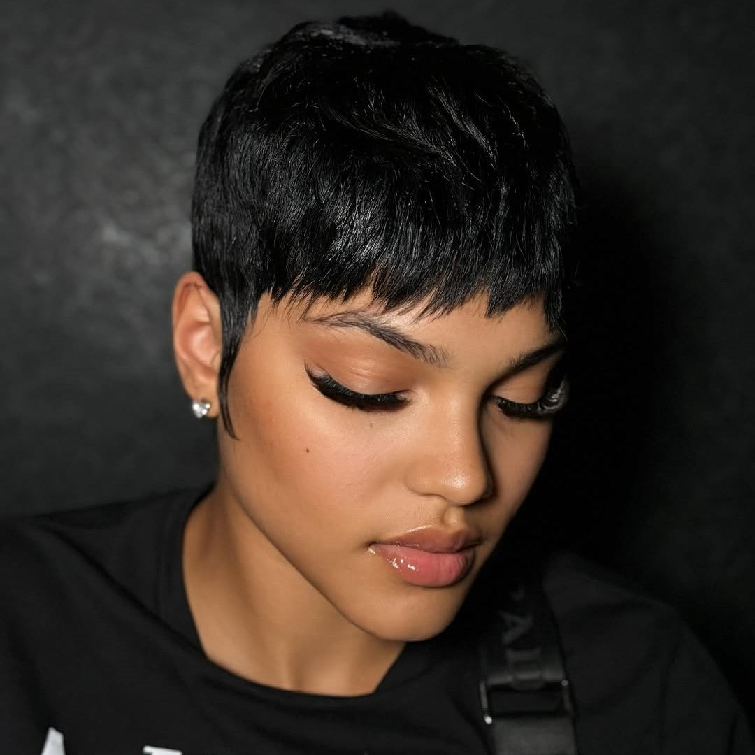 100% Remy Human Hair Natural Black Straight Pixie Wig For Black Women