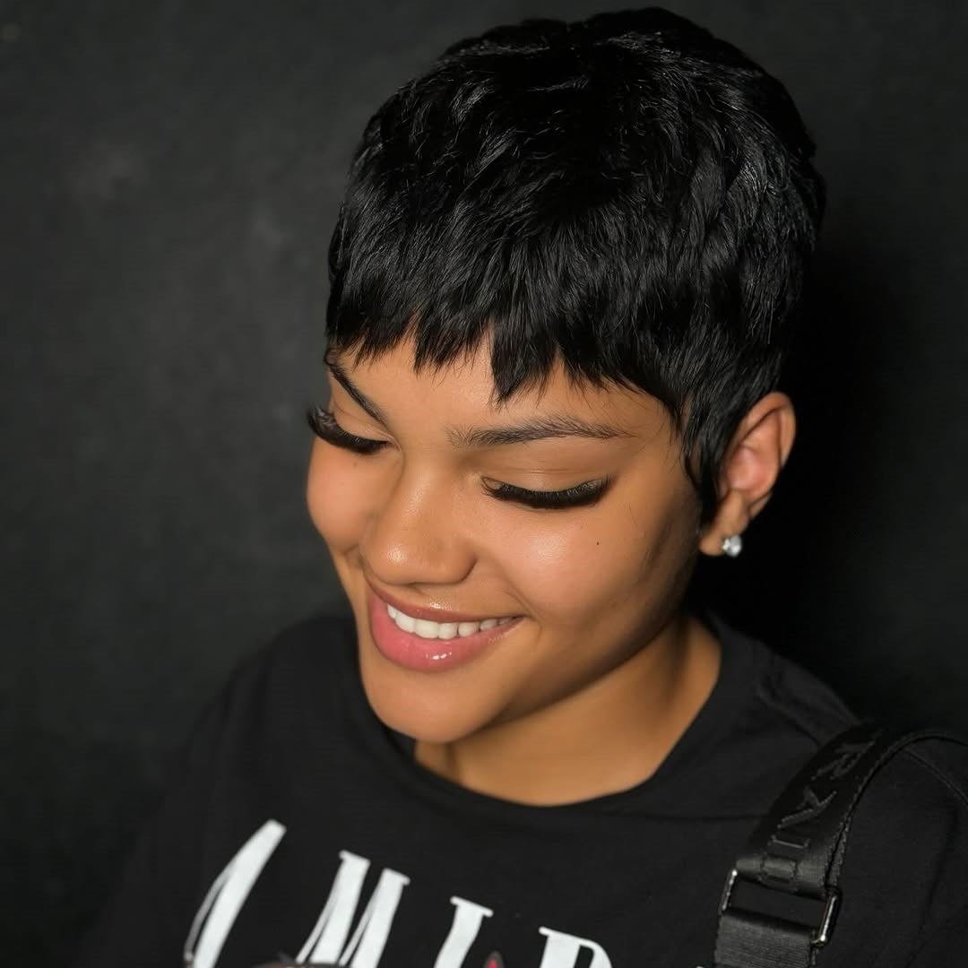 100% Remy Human Hair Natural Black Straight Pixie Wig For Black Women