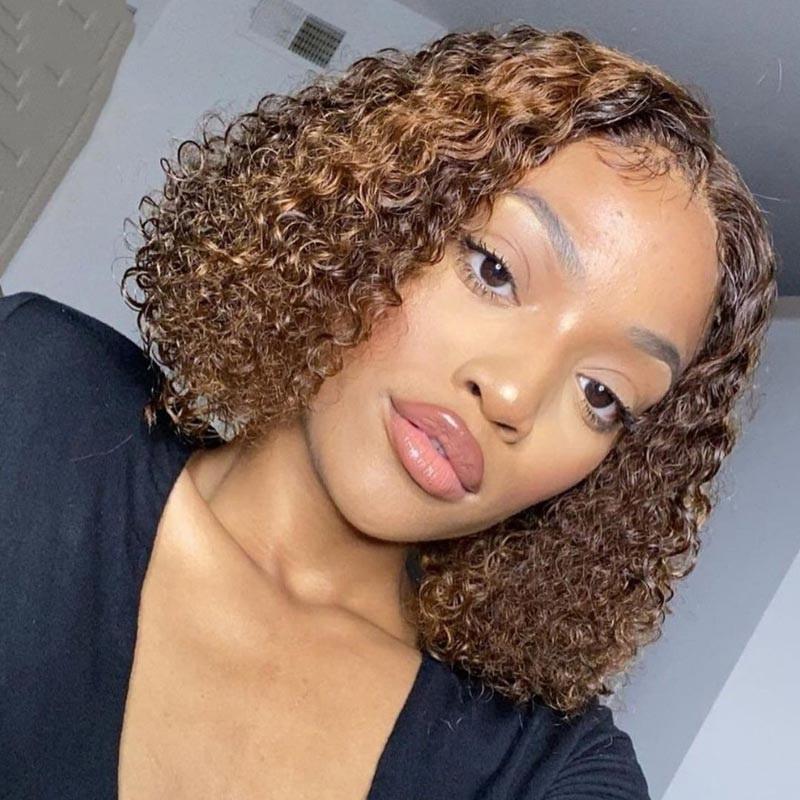 Honey Brown with highlights deep wave lace closure wig 12"