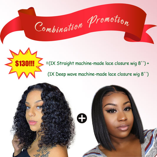 Packages-1x Straight Machine-Made Lace Closure Wig+ 1x Deep Wave Machine-Made Lace Closure Wig