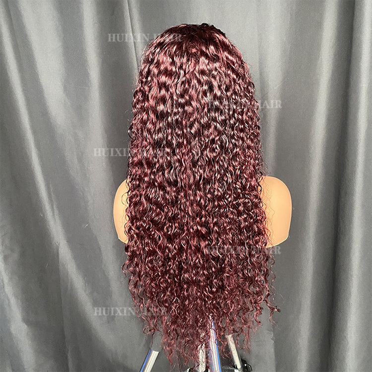 Burgundy Color Water Wave 13x4 Transparent Lace Frontal Wig 20”