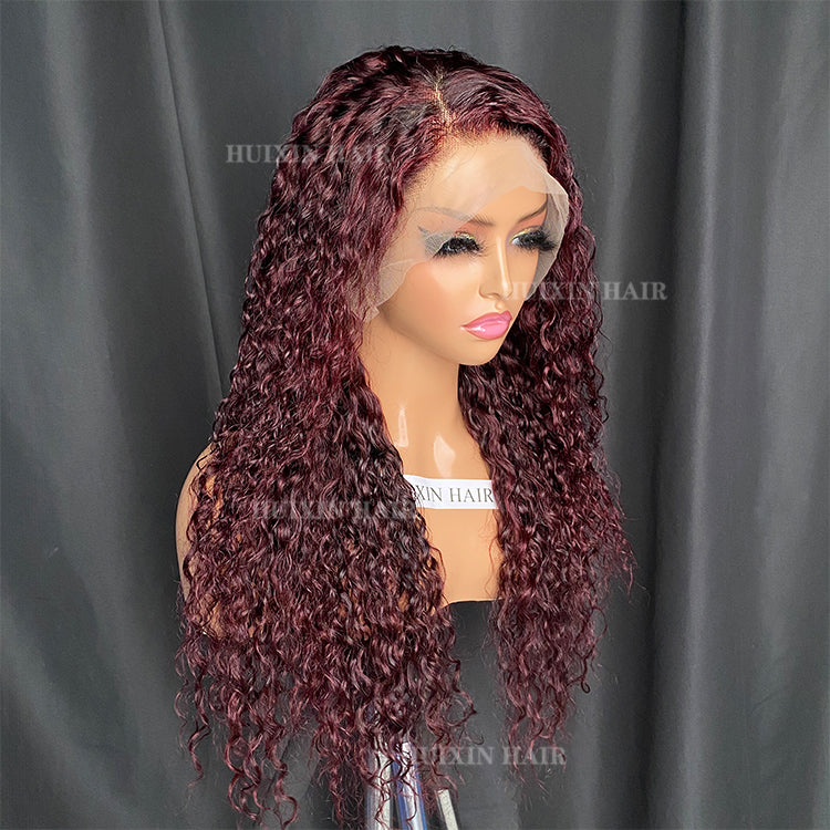 Burgundy Color Water Wave 13x4 Transparent Lace Frontal Wig 20”