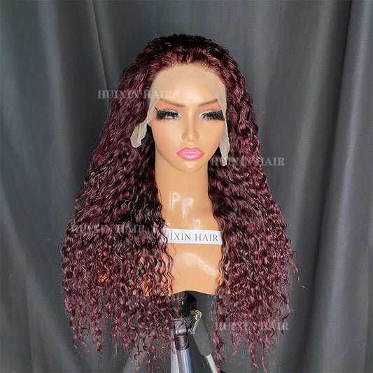 Burgundy Color Water Wave 13x4 Transparent Lace Frontal Wig 20”