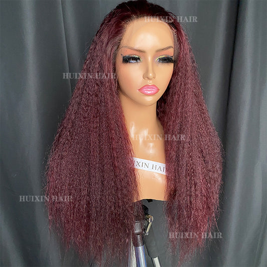 Burgundy color kinky straight 13x4 HD lace frontal wig 20”
