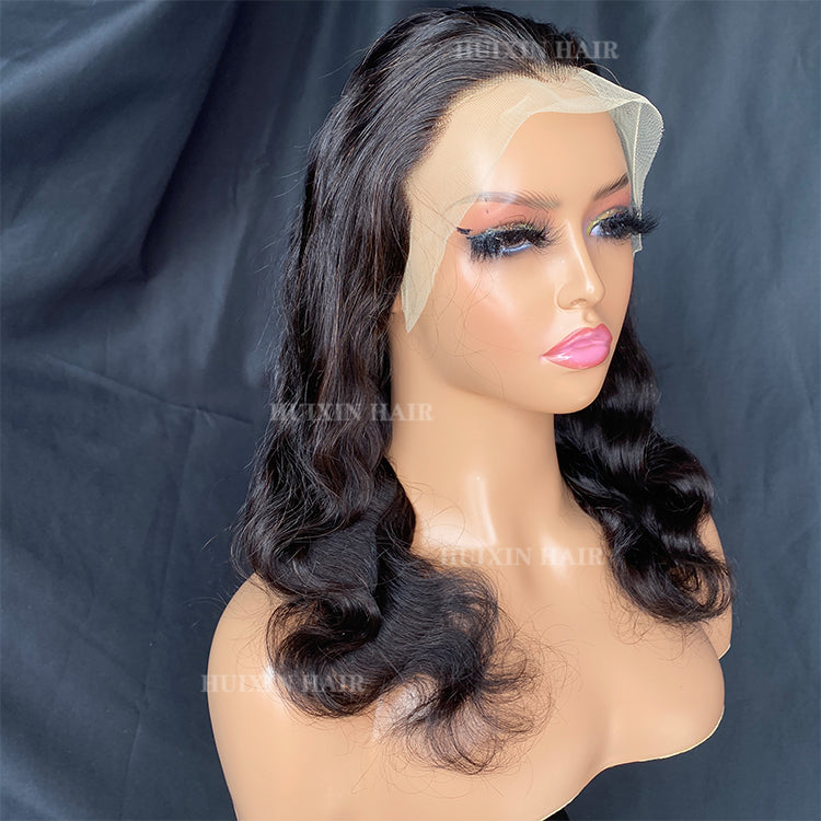 natural black body wave 13x4 transparent lace frontal wig 14"