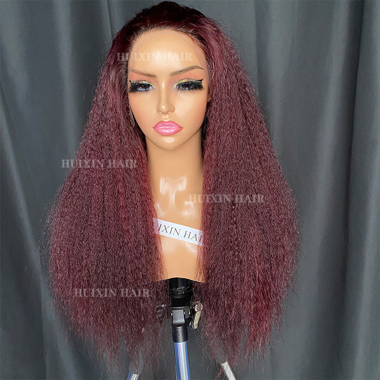 Burgundy color kinky straight 13x4 HD lace frontal wig 20”