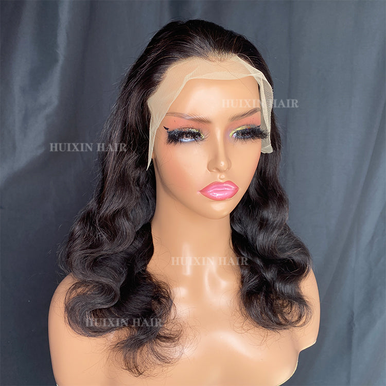 natural black body wave 13x4 transparent lace frontal wig 14"