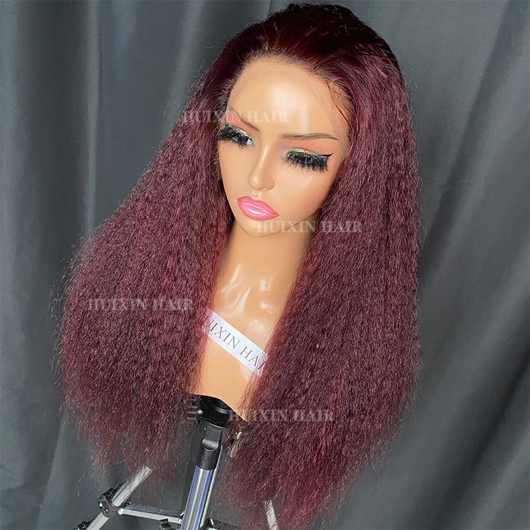 Burgundy color kinky straight 13x4 HD lace frontal wig 20”