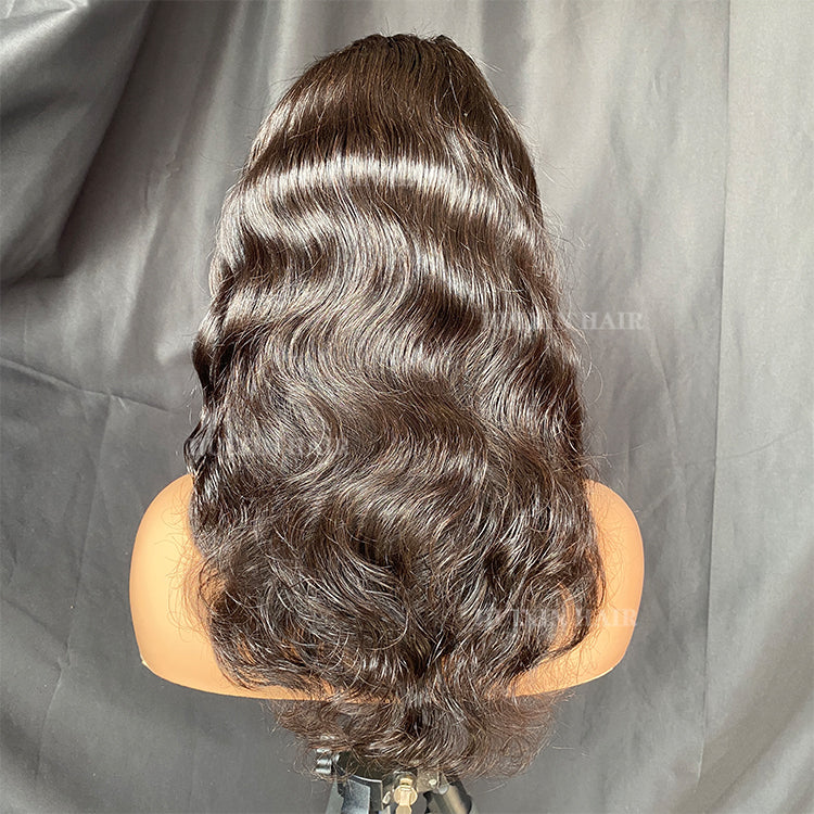 natural black body wave 13x4 transparent lace frontal wig 14"