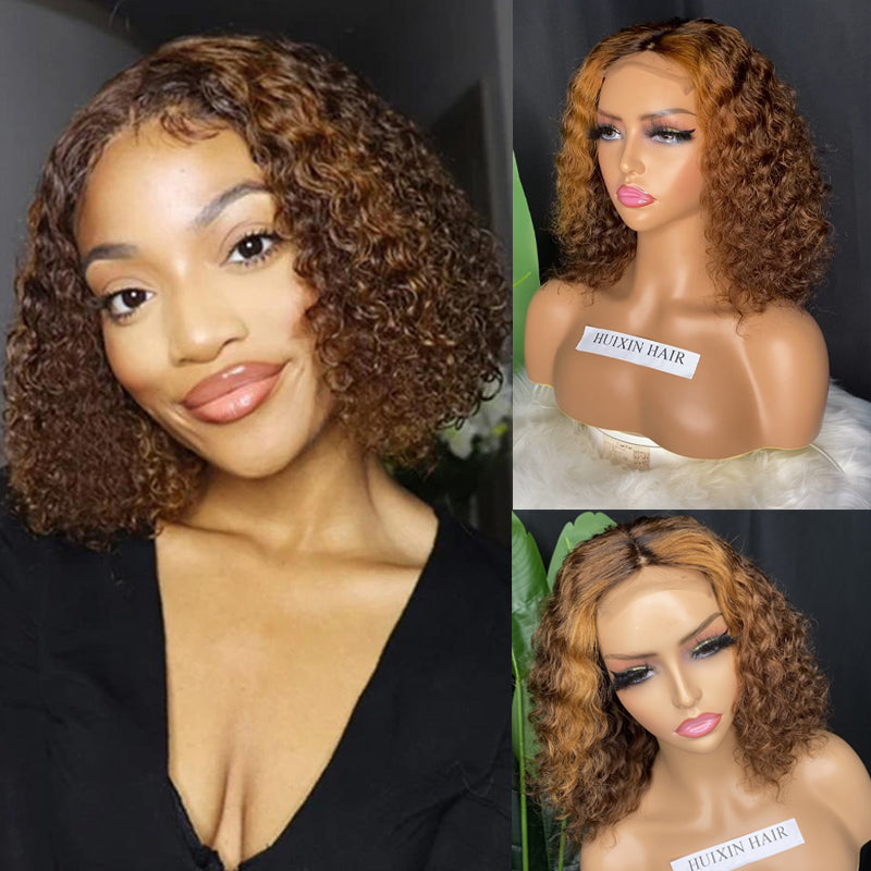 Honey Brown with highlights deep wave lace closure wig 12"