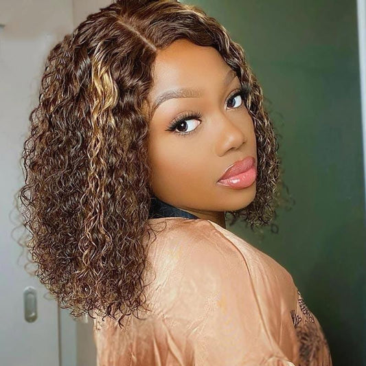 Honey Brown with highlights deep wave lace closure wig 12"