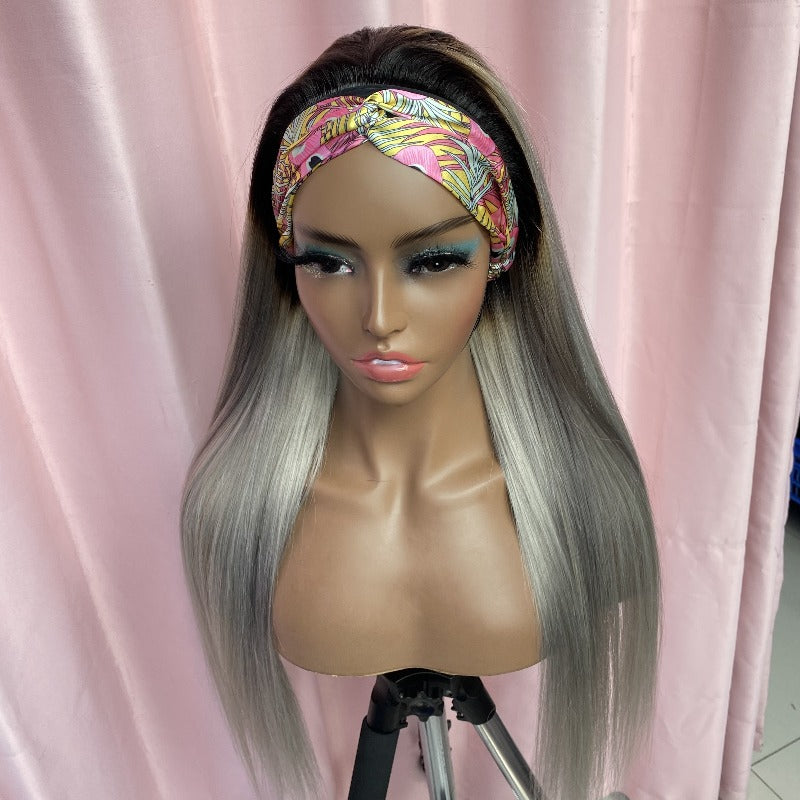 Dark roots grey straight headband wig