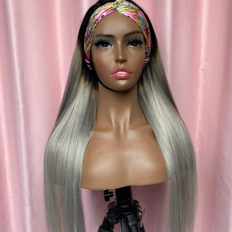 Dark roots grey straight headband wig