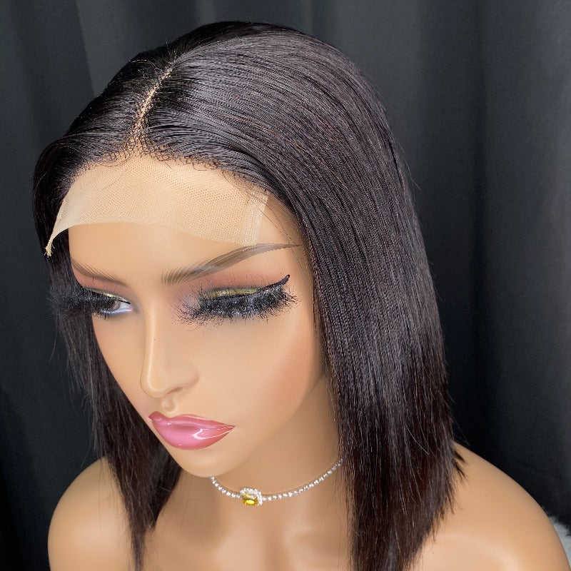 Straight machine made lace closure wig 8"