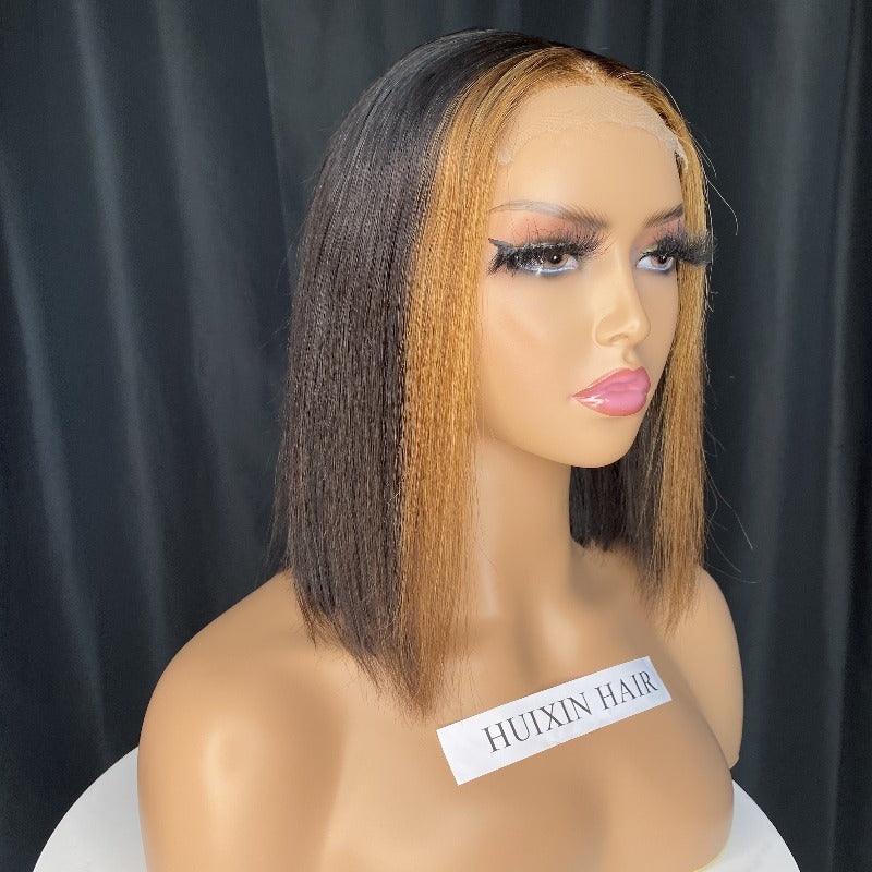 Highlight blonde frontal straight 4x4 HD closure wig 8"