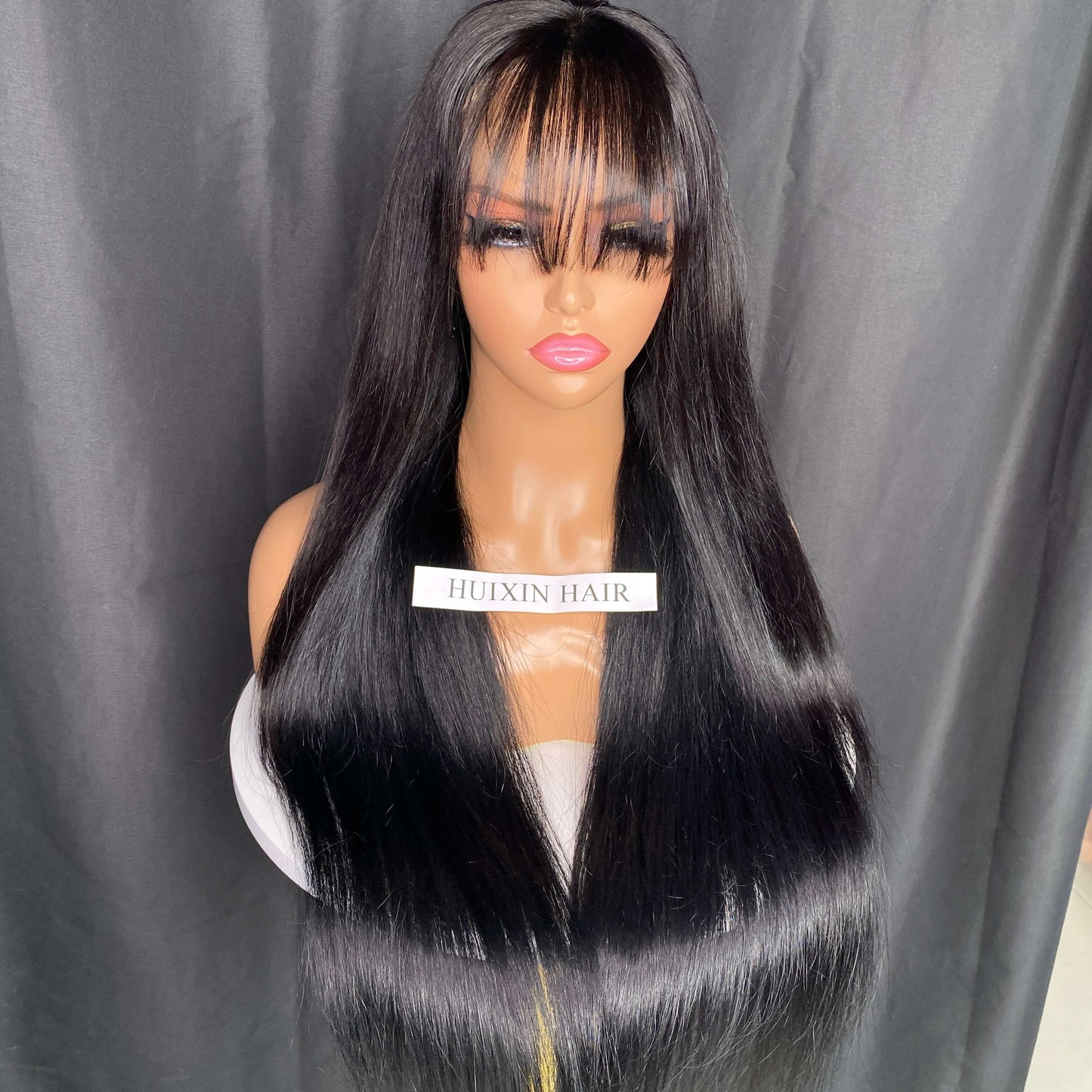 Jet Black Color Straight 4x4 Lace Closure Wig With Bang