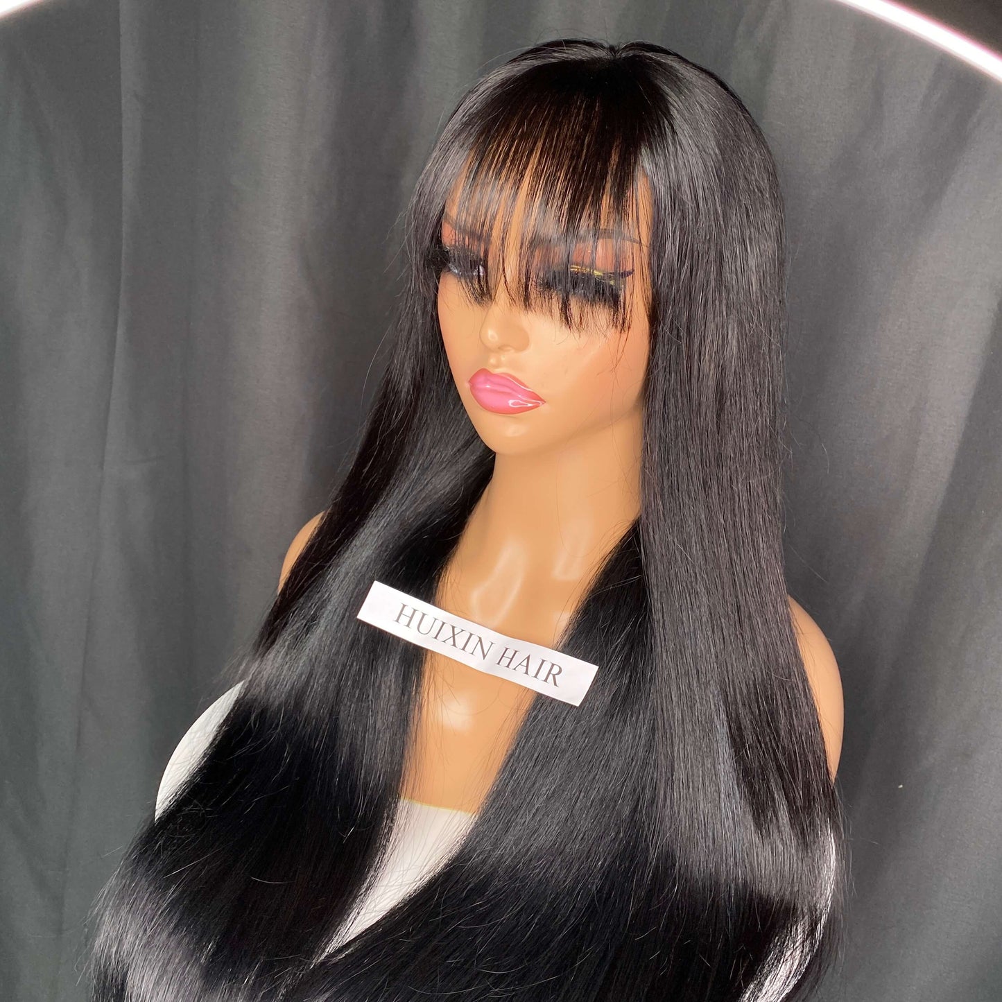 Jet Black Color Straight 4x4 Lace Closure Wig With Bang