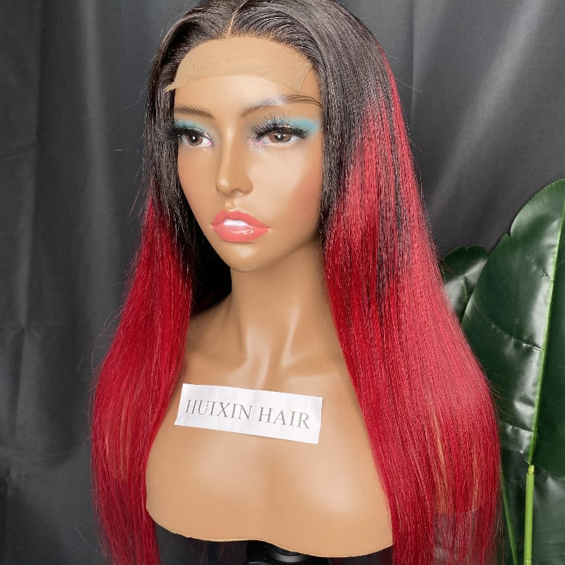 1B / Red Straight 4X4 Transparent Lace Wig 20"