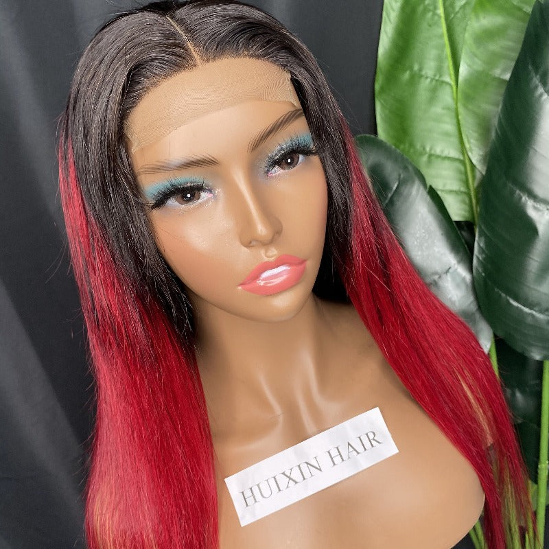 1B / Red Straight 4X4 Transparent Lace Wig 20"