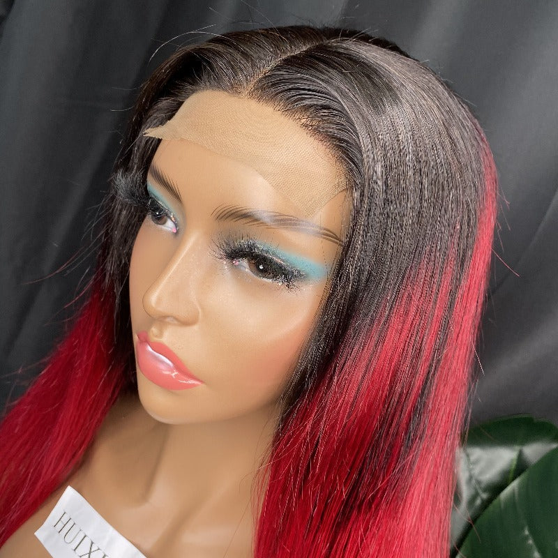 1B / Red Straight 4X4 Transparent Lace Wig 20"