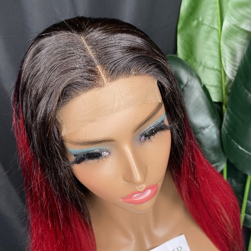 1B / Red Straight 4X4 Transparent Lace Wig 20"