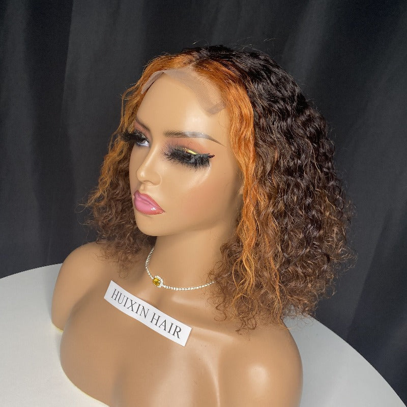 Brown color deep wave with orange front highlight 4x4 lace closure wig ™