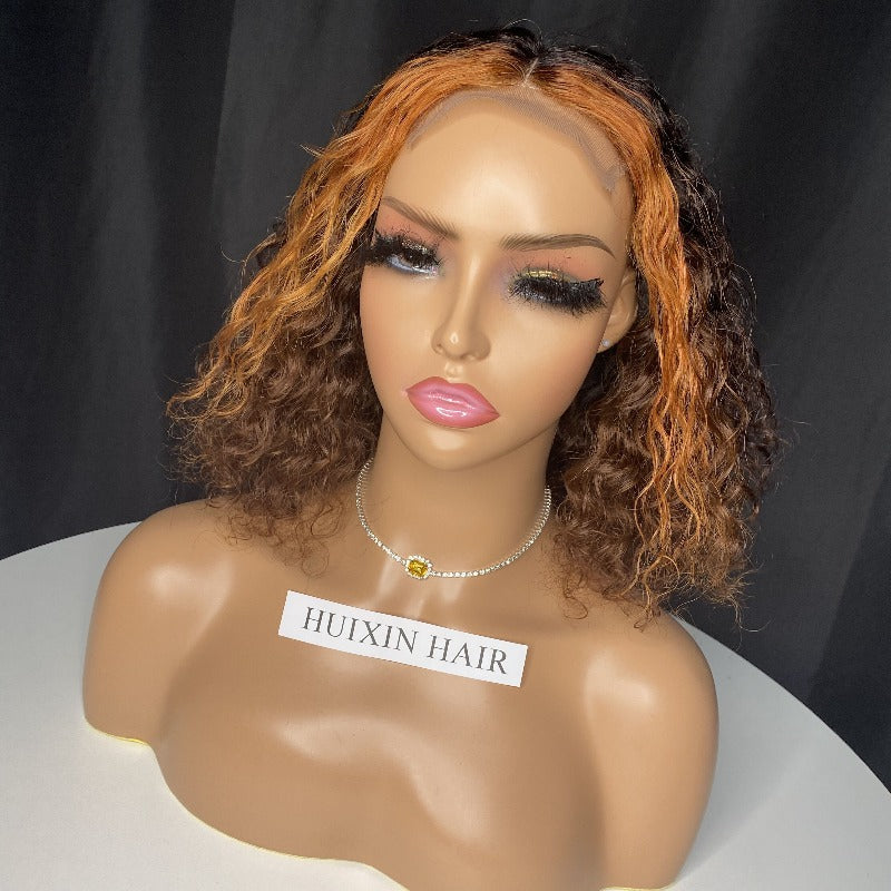 Brown color deep wave with orange front highlight 4x4 lace closure wig ™