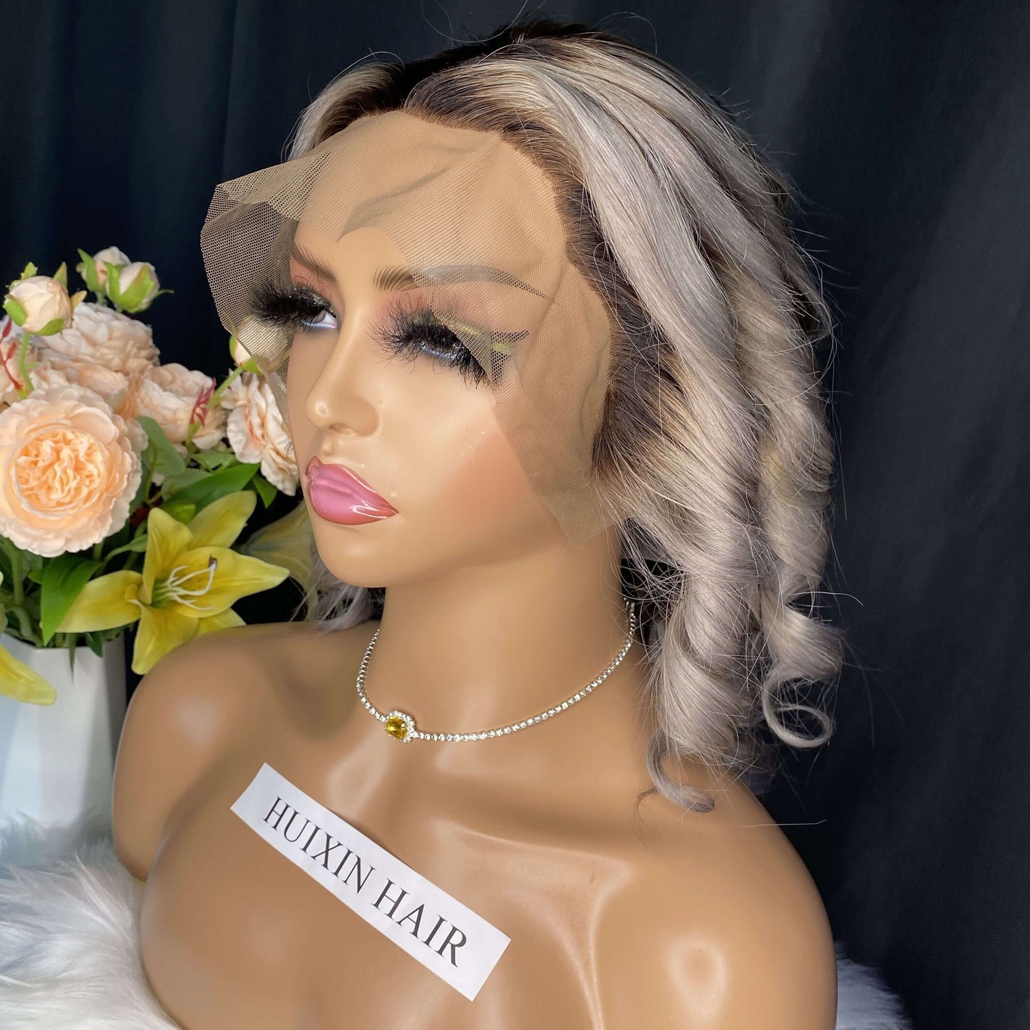 1B/gray Loose Wave 13X4 Transparent Lace Frontal Wig 14''