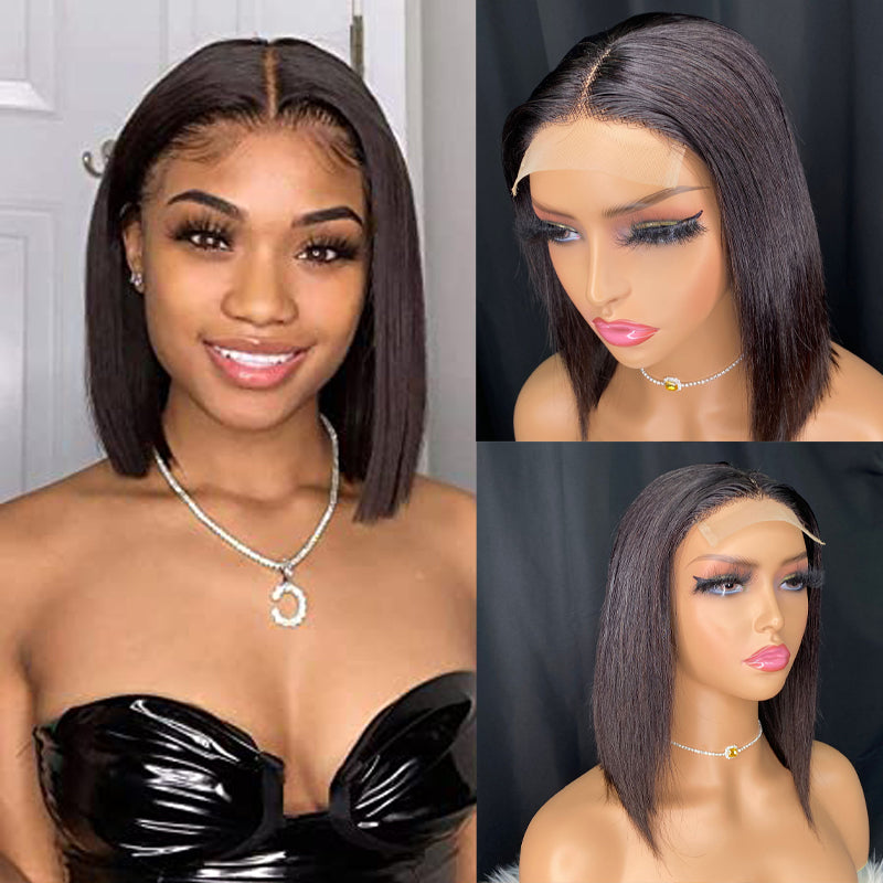 Straight machine made lace closure wig 8"