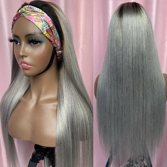 Dark roots grey straight headband wig