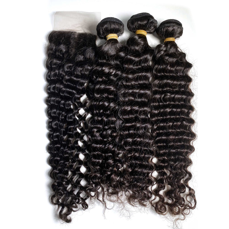 Premium Quality deep wave hair 3 bundles with a lace closure