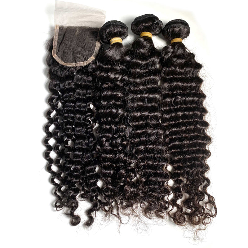 Premium Quality deep wave hair 3 bundles with a lace closure