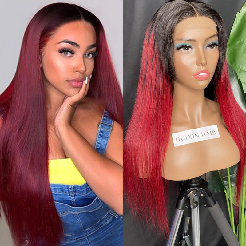 1B / Red Straight 4X4 Transparent Lace Wig 20"