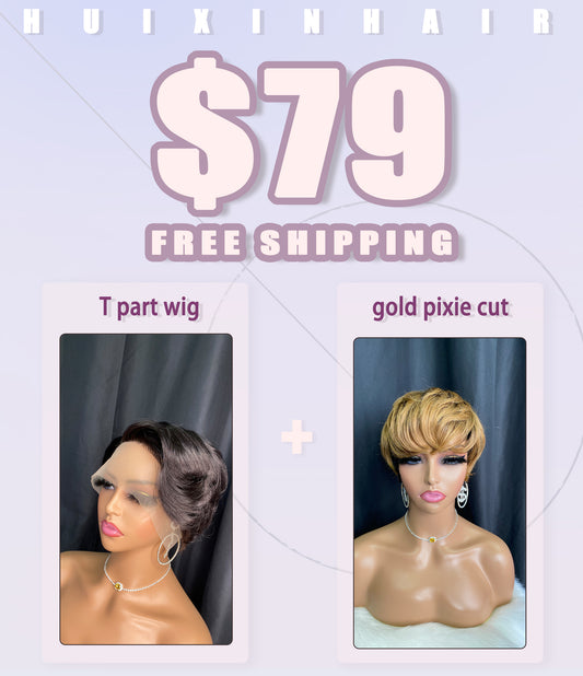 Packages-1x Wavy Pixie Cut T Part Wig+ 1x Wavy Pixie Cut Wig